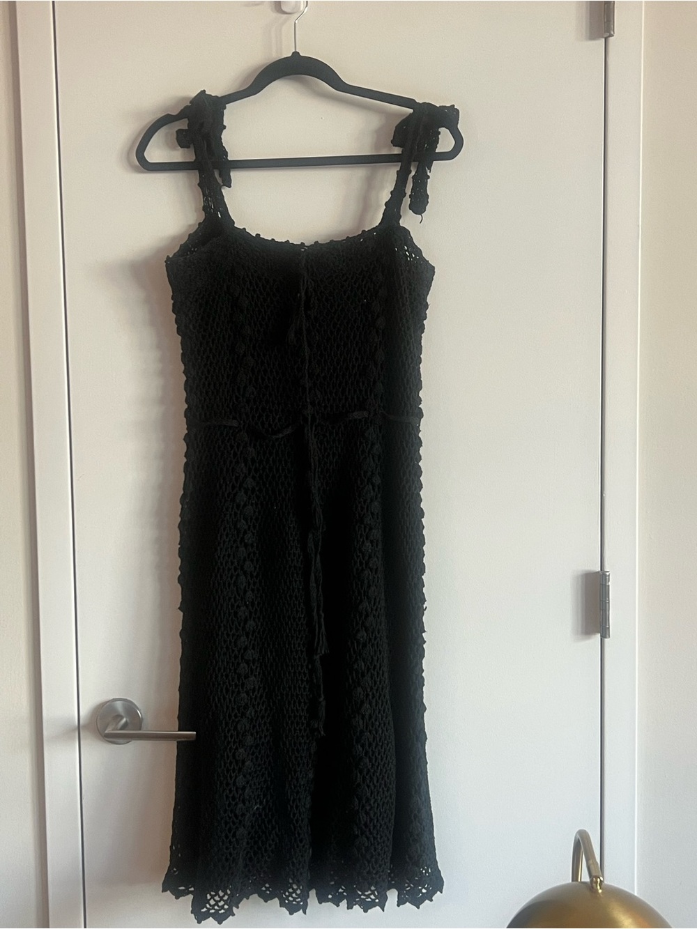 Vintage 80s Handcrafted Black Cotton Crochet Bobble Midi Dress Tie Straps